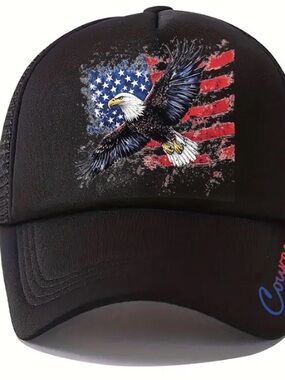 YNS Generic Patriotic Bald Eagle Trucker Hat Black Mesh Cap USA Flag